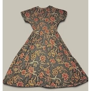 VTG S.L. Fashions Dress Womens 12 Gray Floral Maxi Short Sleeve Made In USA